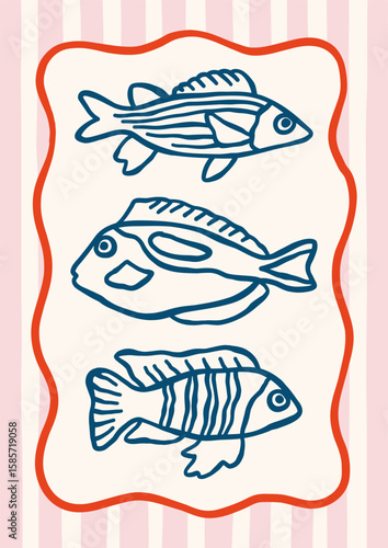 Outline sea fishes vector illustration. Minimalist retro poster design with ocean creatures in whimsical frame on striped background