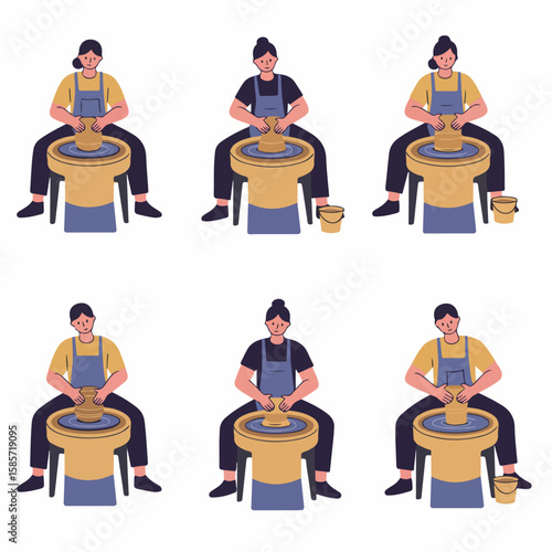 Illustrations of diverse individuals mastering pottery on a spinning wheel, showcasing the traditional craft of shaping clay into unique ceramic art in a creative workshop setting.