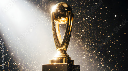 Glowing gold trophy on velvet podium with spotlight and bokeh