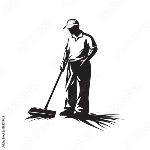 Vector image of a person sweeping with a traditional broom, depicting a simple and everyday cleaning activity isolated on a white background.