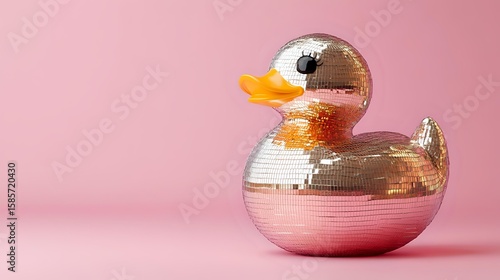 Shiny disco ball in shape of rubber duck with orange beak on pink background. Creative party decoration concept combining retro and modern elements.