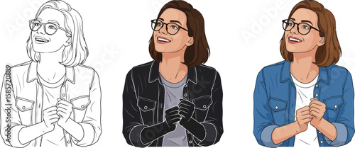 Young woman with glasses looking up with hopeful expression and clasped hands