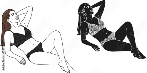 Two stylized illustrations of women in lingerie one in black and white line art and the other in silhouette