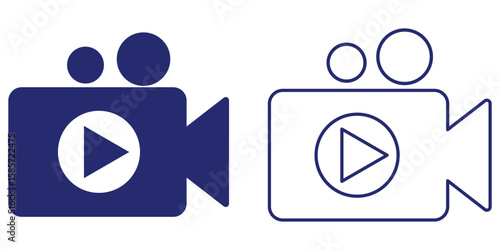 Video camera with play button. Vector icon of a video camera, representing media, recording, and film themes.