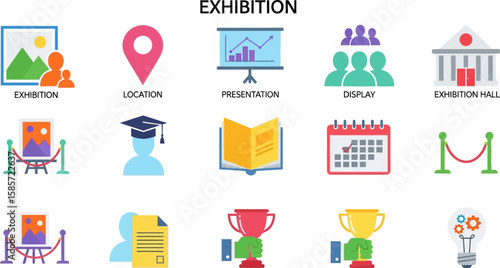 Collection of flat icons representing exhibition elements and activities