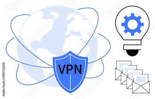 Blue VPN shield over globe with connection lines, gear symbol in light bulb, and stacked envelopes. Ideal for cybersecurity, global communication, data privacy, innovation, email security, technology