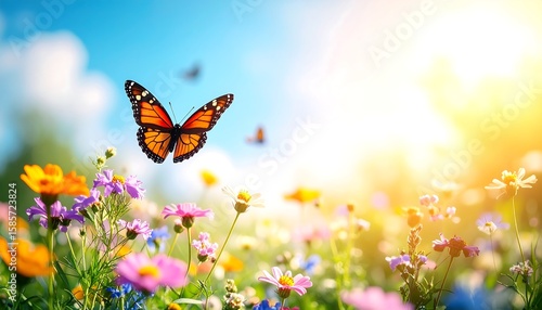 Butterfly in a vibrant meadow, sunny day