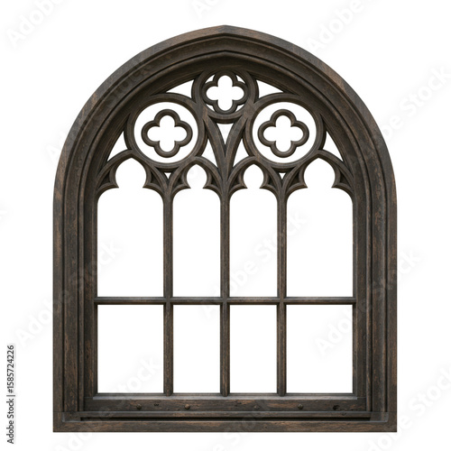 Antique wooden gothic arched window with ornate tracery isolated on transparent background