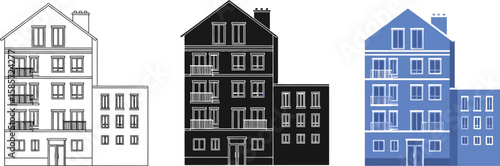 Set of three apartment buildings in outline silhouette and blue color
