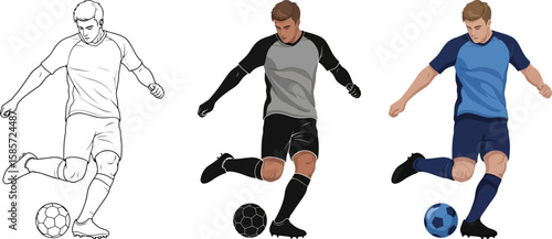 Three illustrations of a male soccer player kicking a ball in different styles
