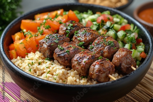 Malian rice with maafe, peanut stew, served alongside grilled meat skewers and fresh vegetables, displayed on a colorful mat with traditional decor and soft daylight