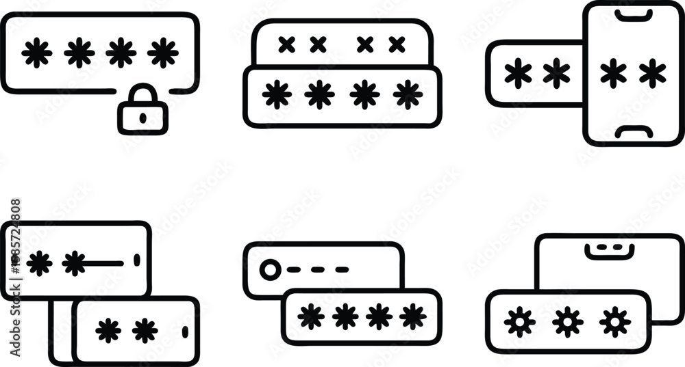 Obraz premium Simple vector icons representing passwords security mobile devices and data protection