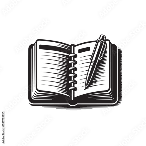 An open notebook with a pen resting on its pages, symbolizing writing and study