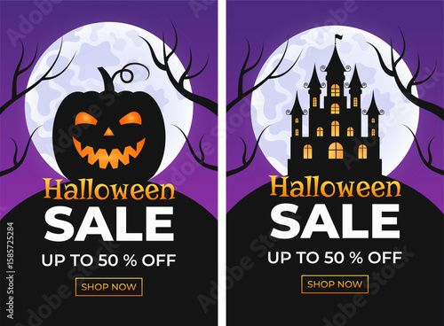 Halloween Sale. Set of banners with pumpkin and castle with scary night landscape on the background of the moon.