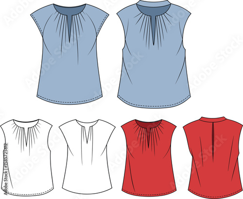 Women’s pleated blouse vector, cap sleeve top sketch, fashion flat design, front slit neckline mockup, stylish shirt template illustration