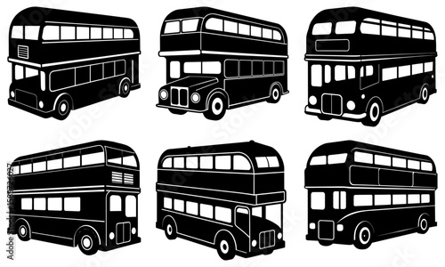 Silhouette illustration of six double decker buses in various styles