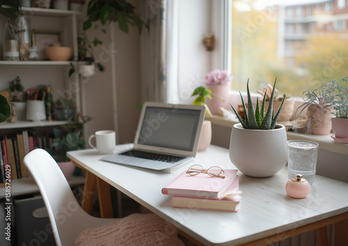 Wallpaper Mural A photo of a white desk with a pink notebook, laptop, and glasses on it Torontodigital.ca