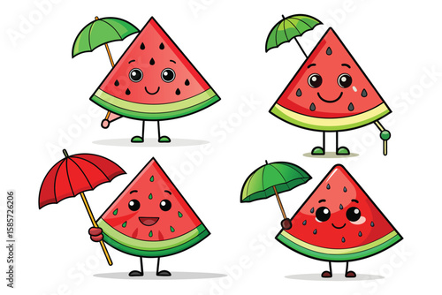 Slice of watermelon character holding a tiny umbrella like its avoiding sunlight eps