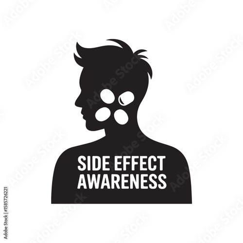 A silhouette of a persons head and upper body with text side effect awareness and symbolic circles, highlighting medical risks