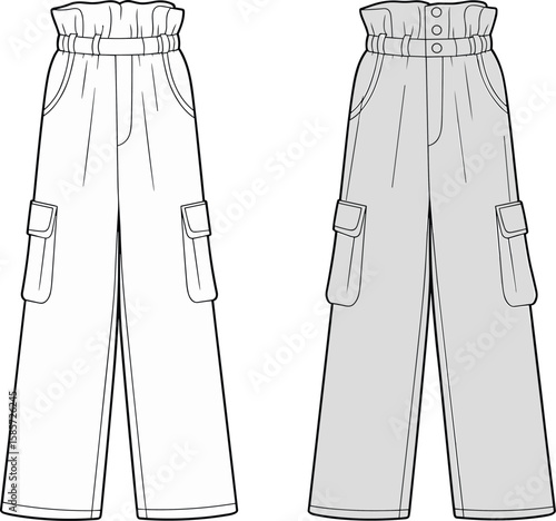 High waist cargo pants technical flat sketch, wide leg design, paper bag waistband, fashion illustration for apparel design, vector graphic