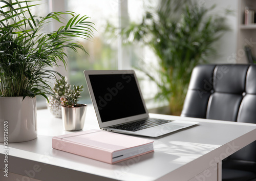 Wallpaper Mural A photo of a white desk with a pink notebook, laptop, and glasses on it Torontodigital.ca