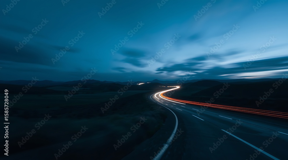 Naklejka premium A cinematic HD long exposure photograph of a cool-toned landscape, blues, greens, and purples, capturing motion or light trails