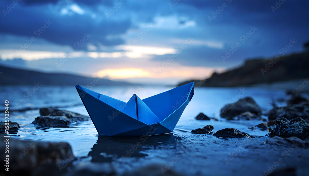 Obraz premium Blue Paper Boat at Sunset on Rocky Shore