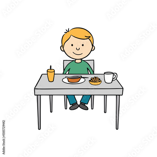 Young boy happily eating breakfast at a table with food and drink