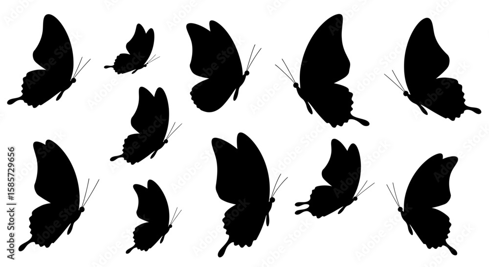 Fototapeta premium Monochrome silhouette pattern featuring flying butterflies on a white background