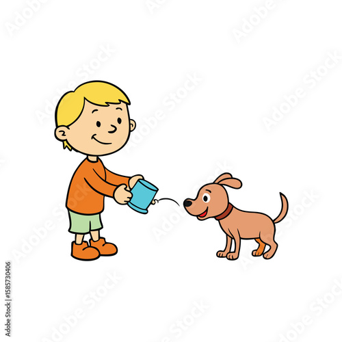 Child lovingly gives water to a thirsty puppy symbolizing pet care and kindness