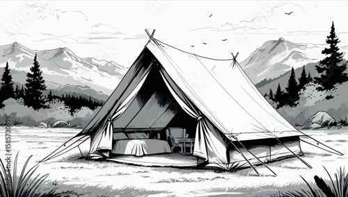 Detailed Black and White Sketch of a Large Glamping Tent with Interior Furnishings in a Mountainous Landscape