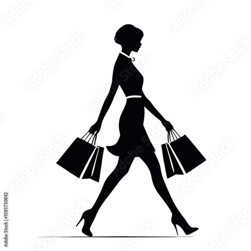 Elegant Silhouette of a Woman in a Dress and High Heels Confidently Walking with Shopping Bags