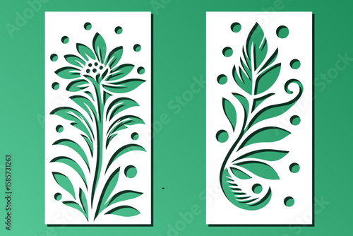 Laser cut panel template, cnc cutting, engraving. Card background, room divider, privacy screen. Floral pattern, flowers and leaves. Vector illustration, diy stencil