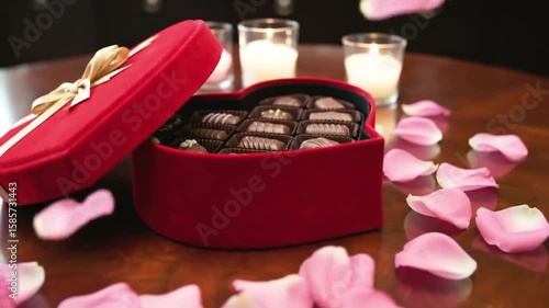 Heart-shaped box of chocolates with rose petals and candles  