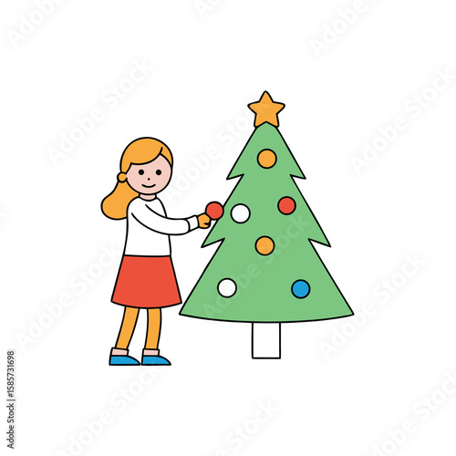 Young girl happily decorating a christmas tree with colorful ornaments