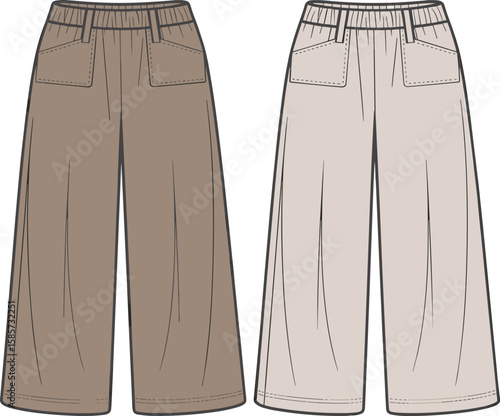 Wide leg women’s trousers flat sketch, front view fashion design, casual pants with pocket detail, elastic waistband, technical illustration