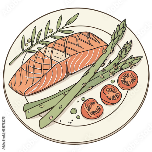 Salmon steak with vegetables vector illustration free design.