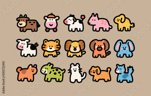 Adorable Cartoon Farm and Pet Animals:  Happy, Colorful, Childlike Style Illustrations