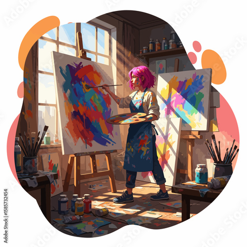 Professional artist absorbed in her work in a messy, sun-drenched studio.