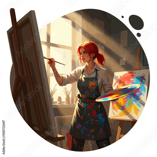 Professional artist absorbed in her work in a messy, sun-drenched studio.