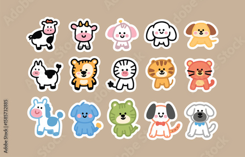 Adorable cartoon animal stickers:  cute cows, playful dogs, and friendly tigers.