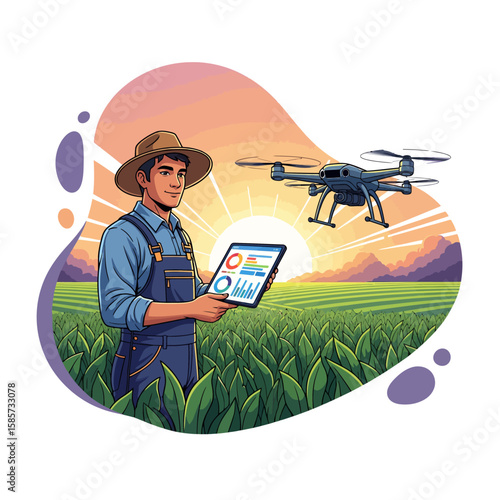 Modern farmer using a tablet and drone in a field, smart farming concept.