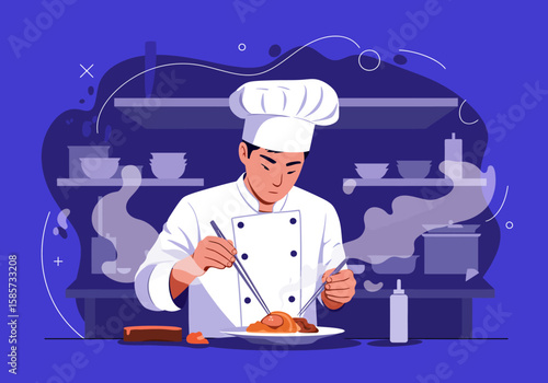 Professional chef plating a dish in a busy restaurant kitchen.