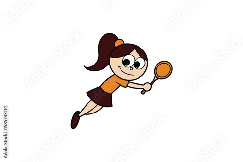 Cartoon girl playing tennis with a forehand shot on a court