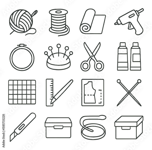 Crafting tools icon collection: simple line art of yarn, scissors, glue gun, ruler, sewing, patterns vector icons