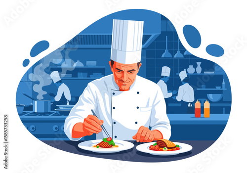 Professional chef plating a dish in a busy restaurant kitchen.
