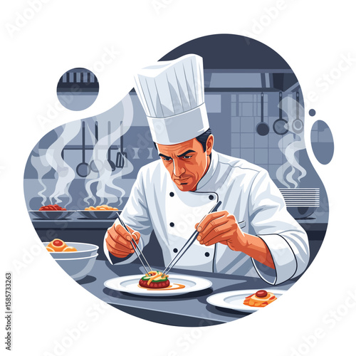 Professional chef plating a dish in a busy restaurant kitchen.