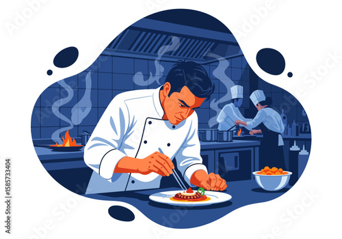Professional chef plating a dish in a busy restaurant kitchen.