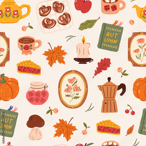 Vintage fall cozy seamless pattern. Cute autumn season. Hand drawn crayon doodle pumpkins, teapots, candle, mug, socks, pie, frames in flowers, jam, fall leaves. Vector background.
