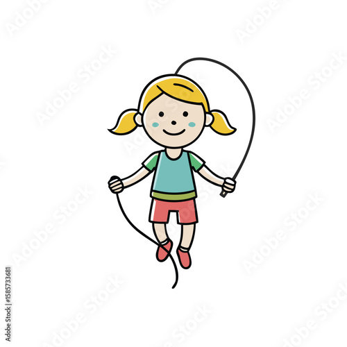 Joyful girl happily skipping with a jump rope depicted in a playful doodle style
